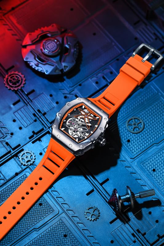 Image of Giordano Analog Skeleton Dial Watch for Men - Tonneau Case, Silicone Strap, Open-Gear Sport Design, Quartz Movement