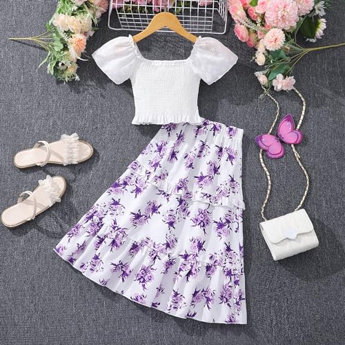 Image of Little Girls Two Pieces Shirred Puff Sleeve Ruffle Hem Tops and High Elastic Waist Ruffle Floral Skirt Sets