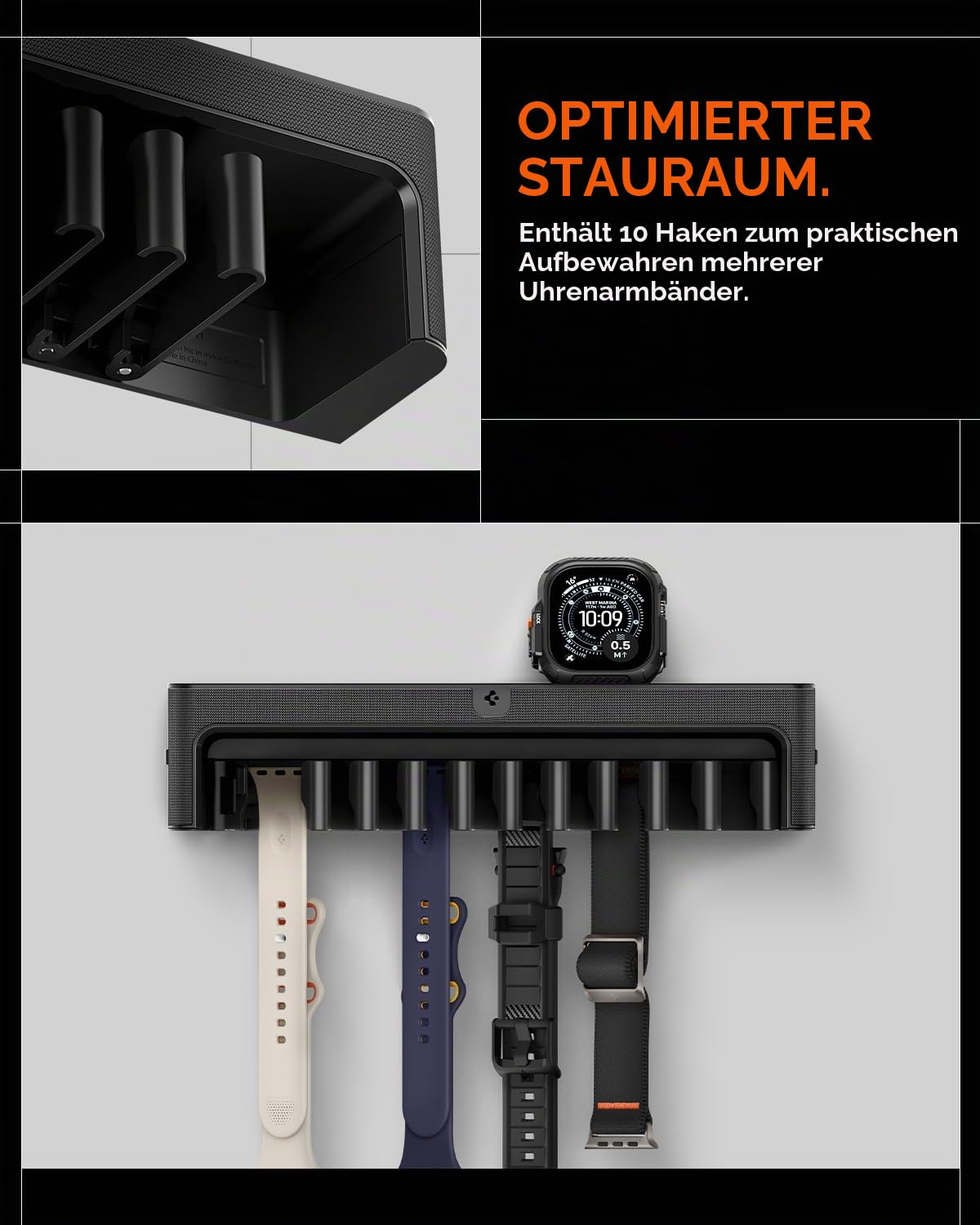Spigen Wandmontierter Apple Watch Band Organizer S341 mit oberem Ablage-Tablett - Schwarz