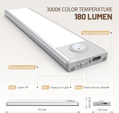 Vista 12 de Paquete de 6 luces inalámbricas para debajo del gabinete, 32 luces LED recargables con sensor de movimiento para interiores, luces magnéticas Luz
