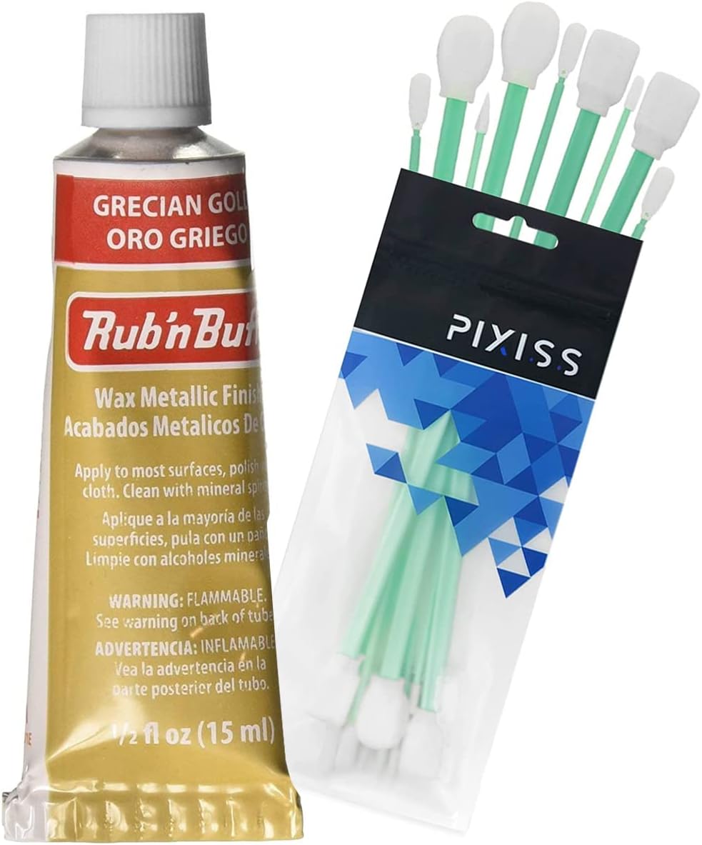 Rub n Buff Wax Metallic Grecian Gold, Rub and Buff Finish, 0.5-Fluid Ounce, Pixiss Blending and Application Tools for Applying Metallic Wax Paint