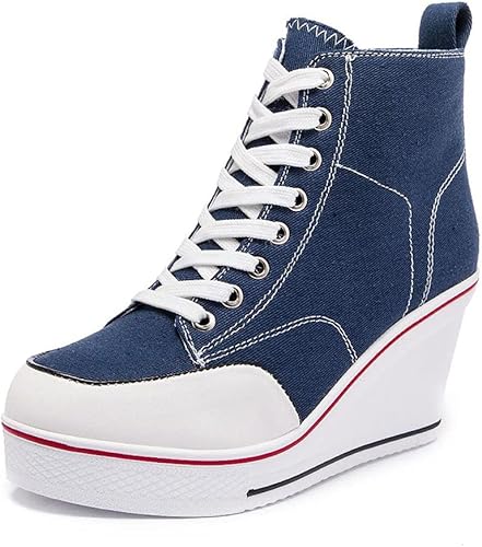 Mei MACLEOD Tenis de tacón alto para mujer, zapatos de tacón de cuña con cremallera lateral, zapatos de lona casuales con cordones para estudiantes