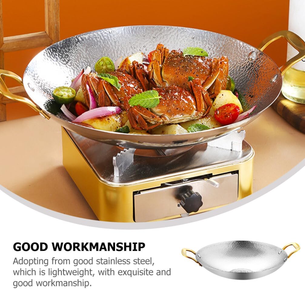Kichvoe Hammer Texture Dry Pot 11.81 Inch Double Handle Cooking Pan Lightweight Stainless Steel Kitchen Cookware for Korean Bbq and Hot Pot