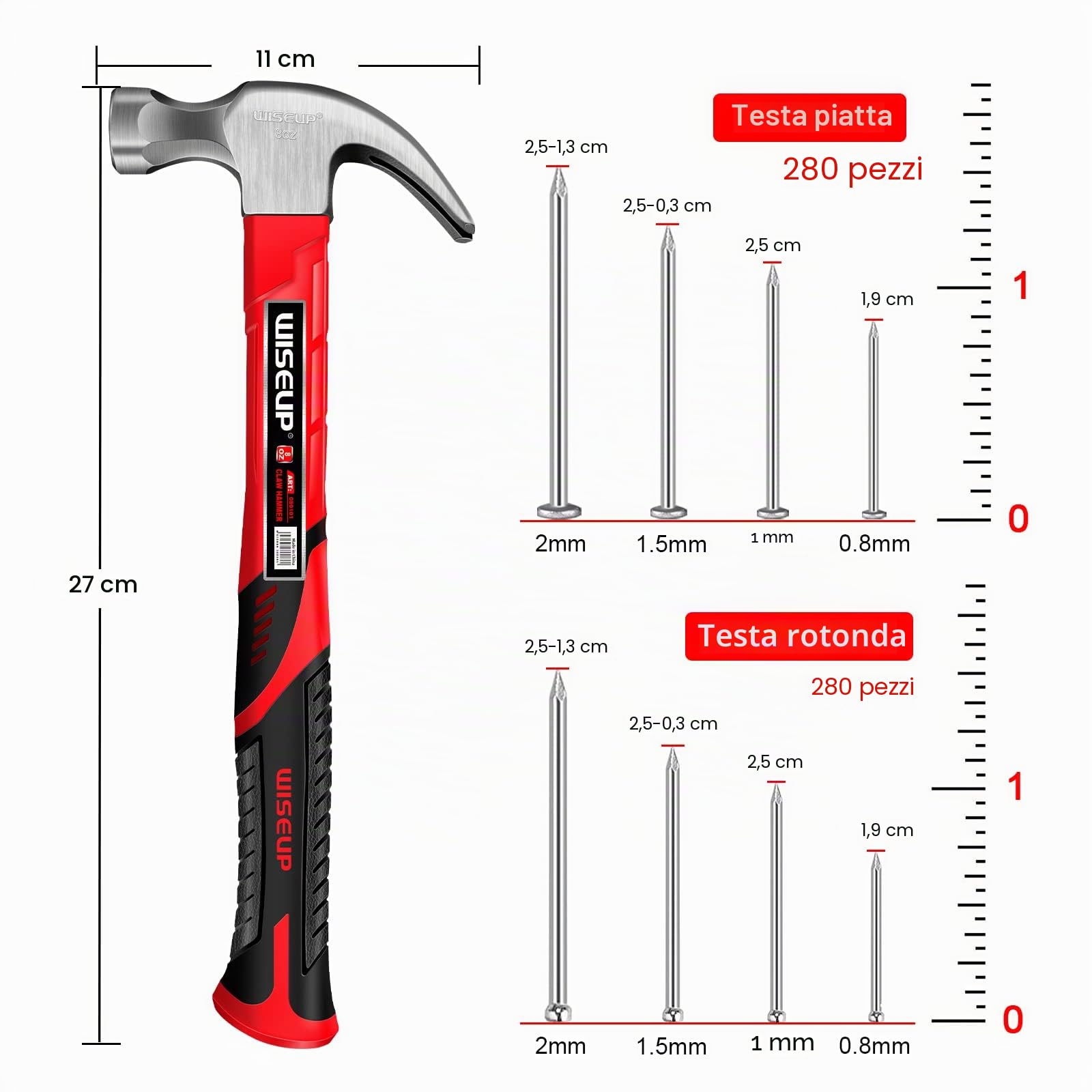 WISEUP Set di Martello, con 560 set di chiodi e Misuratore a nastro, durevole martello carpentiere professionale, Per la manutenzione, fai da te