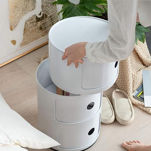 Miniatura 4 de Mesa auxiliar nórdica, mesita de noche redonda, cajón de 3 niveles, mueble de almacenamiento de plástico para mesita de noche modular con puerta