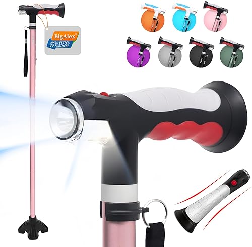 BigAlex Bastón plegable con dos luces LED para ancianos, base sólida, bastón ajustable con bolsa de transporte para hombres y mujeres