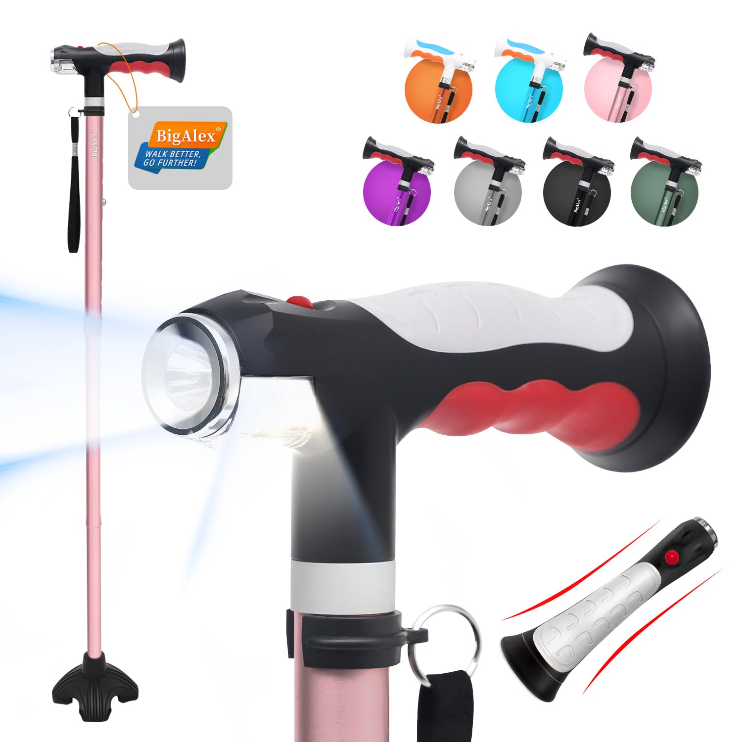 BigAlexFolding Walking Cane with Two Led Lights for Elderly Solid Base Adjustable Walking Stick with Carrying Bag for Men Women