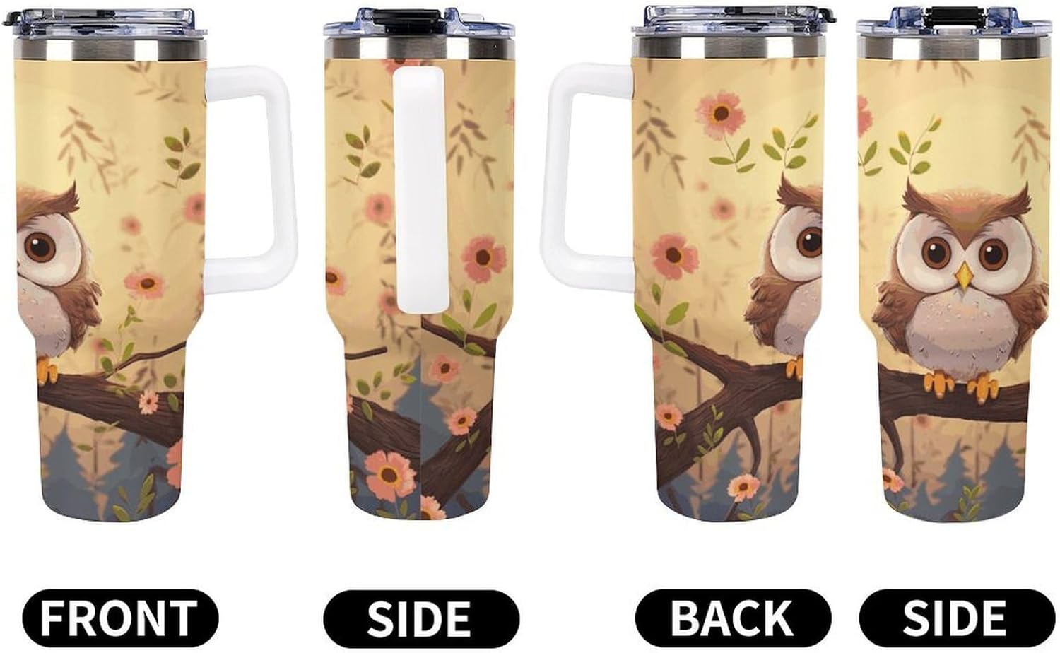 Cute Owl Travel Coffee Mug Reusable Durable Stainless Steel Insulated Tumbler with Handle And Straw Leak Resistant Portable Thermal Cup Gifts for Men Women 40 Oz