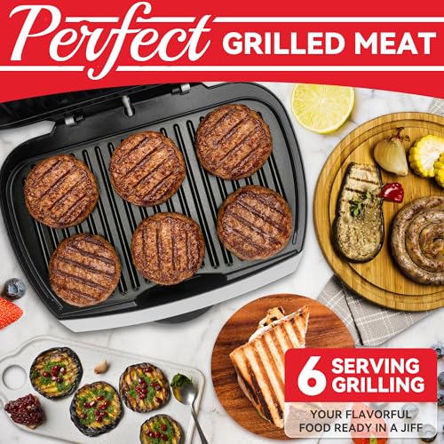 Image of SugarWhisk Family-sized Contact Grill, 6-Serving Electric Indoor Grill with Adjustable Temp Control, Ceramic Coating, 1500W, Silver
