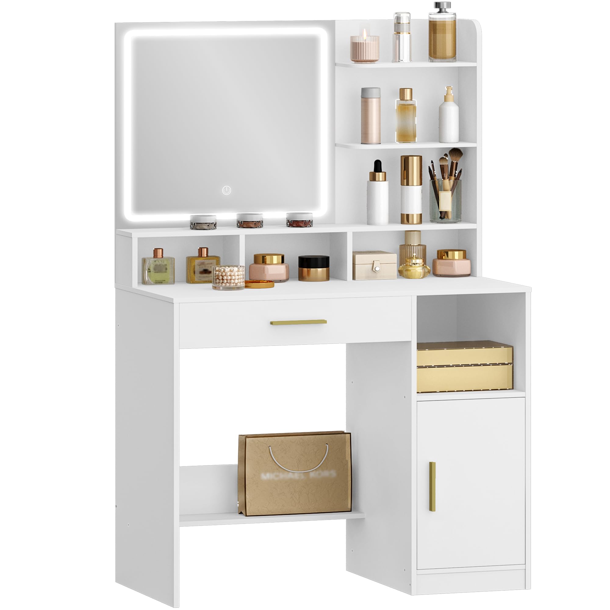 Hzuaneri Toeletta da Trucco, Luminosità Regolabile,Tavolo da Trucco con Specchio Grande, ampio cassetto e armadietto, Durevole e stabile, Moderno, Bianco DT42103XEU