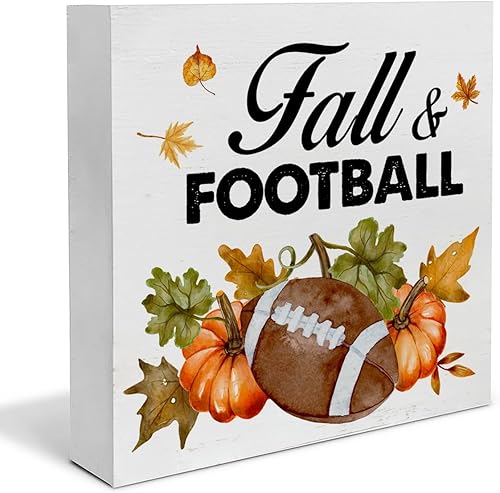 Letrero de madera de fútbol para decoración de escritorio de otoño y fútbol, letrero de madera de calabazas de otoño, decoración de fútbol de 5 x 5