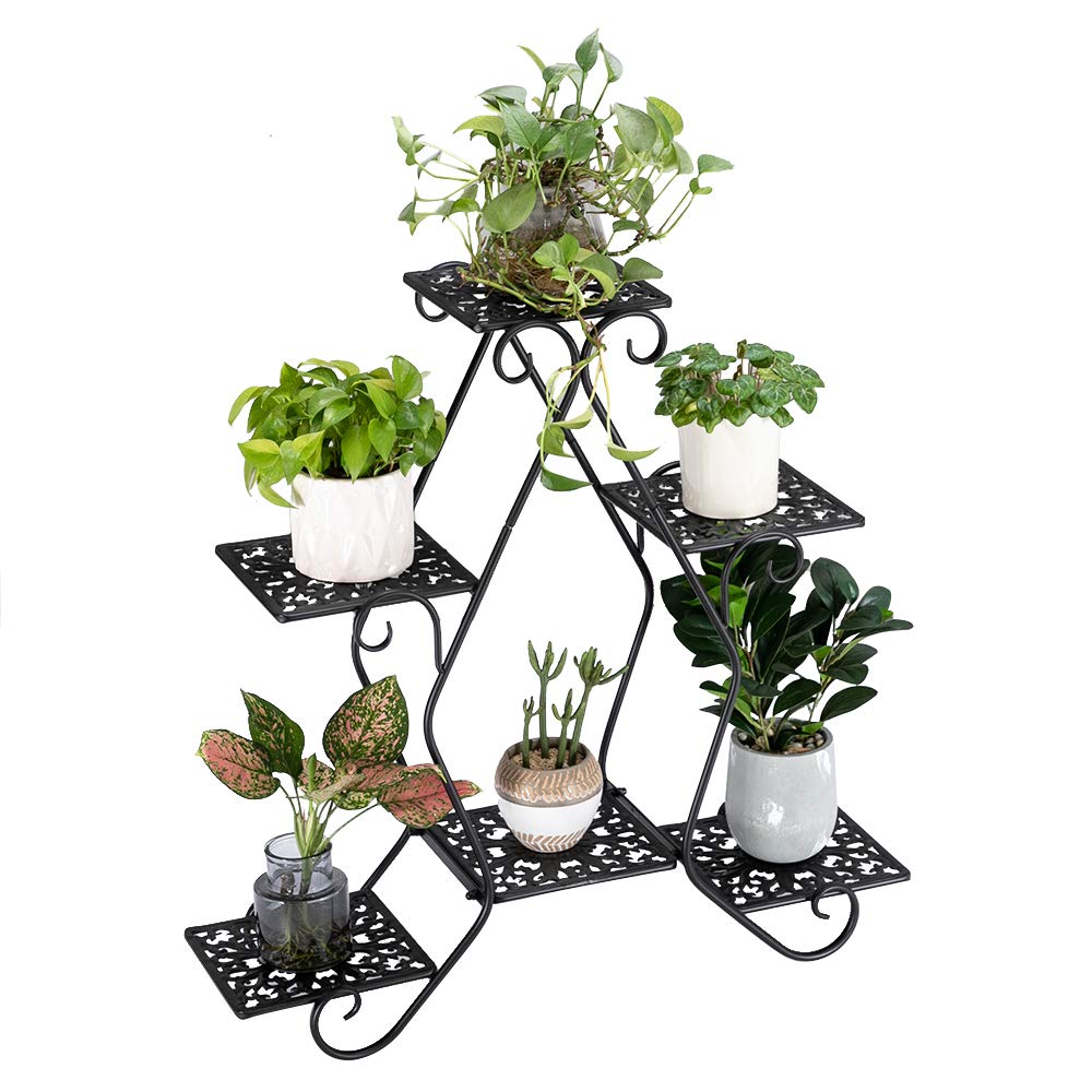Yoperd Artisasset One Black Paint 30.3 Inch High Pentagon 3 Layers 6 Seats Potted Plant Stand Flower Rack with Pattern Layout[US-Stock]