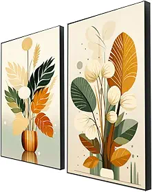 Kit 2 Quadros Decorativos com Moldura de Madeira Folhagem Moderna Grande para Sala Quarto e Hall Decoração Minimalista Elegante(Moldura Preta,50x70)