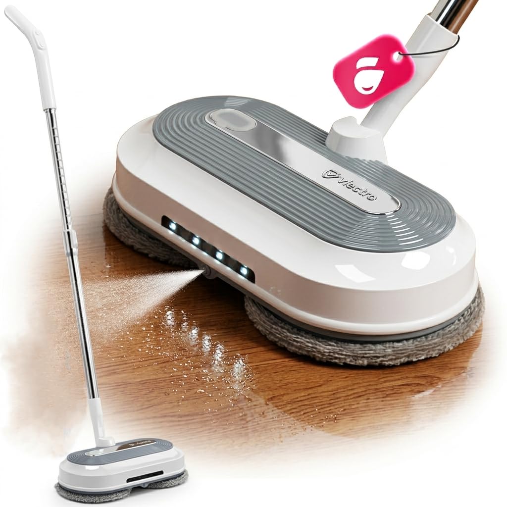 Mocio Elettrico Lavapavimenti Senza Fili | Doppia Rotazione, Testa 180°/90°, Acqua Spray, Luce LED, Per Parquet, Piastrelle e Superfici Dure