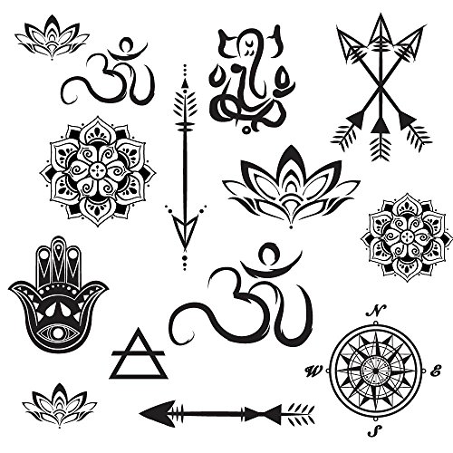 Temporary Tattoo Yoga Set - Small Arrows, Mandalas, Lotus, Hamsa, Compass, Ganesh Realistic Body Art - Made in the USA