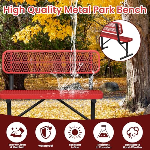 Image of 4ft Metal Park Bench with Back, Red Heavy-Duty Steel Outdoor Bench Dock Bench Weatherproof Long Bench Seats, Commercial Garden Benches for Lawn, Park, Deck, Garden, Patio, Porch, Easy Installation