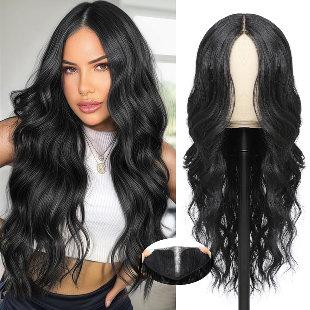 Ubeleco Black Wigs for Women Long Wavy Middle Part Lace Hair Hairline Replacement Wigs 26 Inch Synthetic Hair Heat Resistant Wig for Daily Party Ubeleco Black Wigs for Women Long Wavy Middle Part Lace Hair Hairline Replacement Wigs 26 Inch Synthetic Hair Heat Resistant Wig for Daily Party