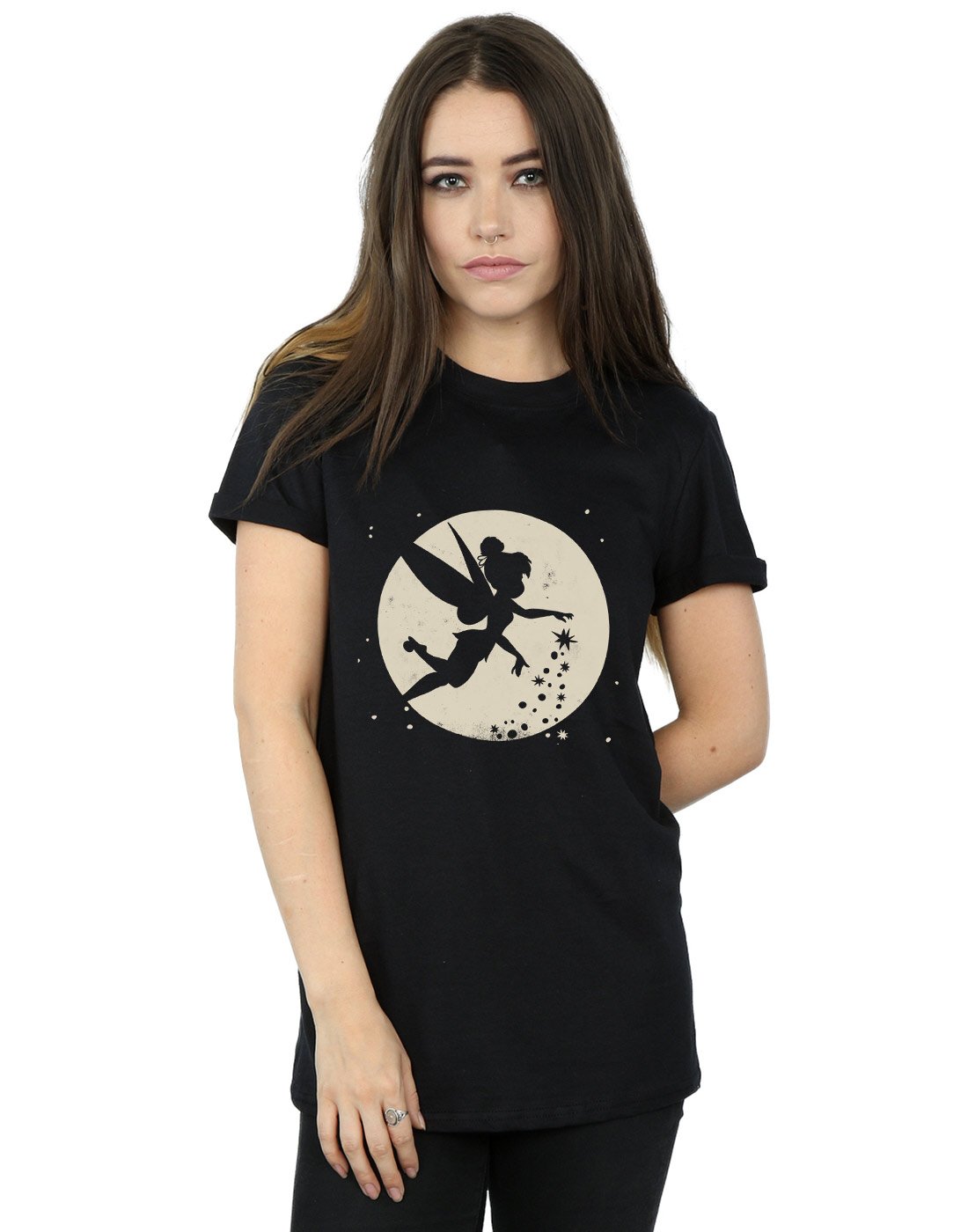 Disney Women's Tinkerbell Moon Cropped Boyfriend Fit T-Shirt Black XX-Large