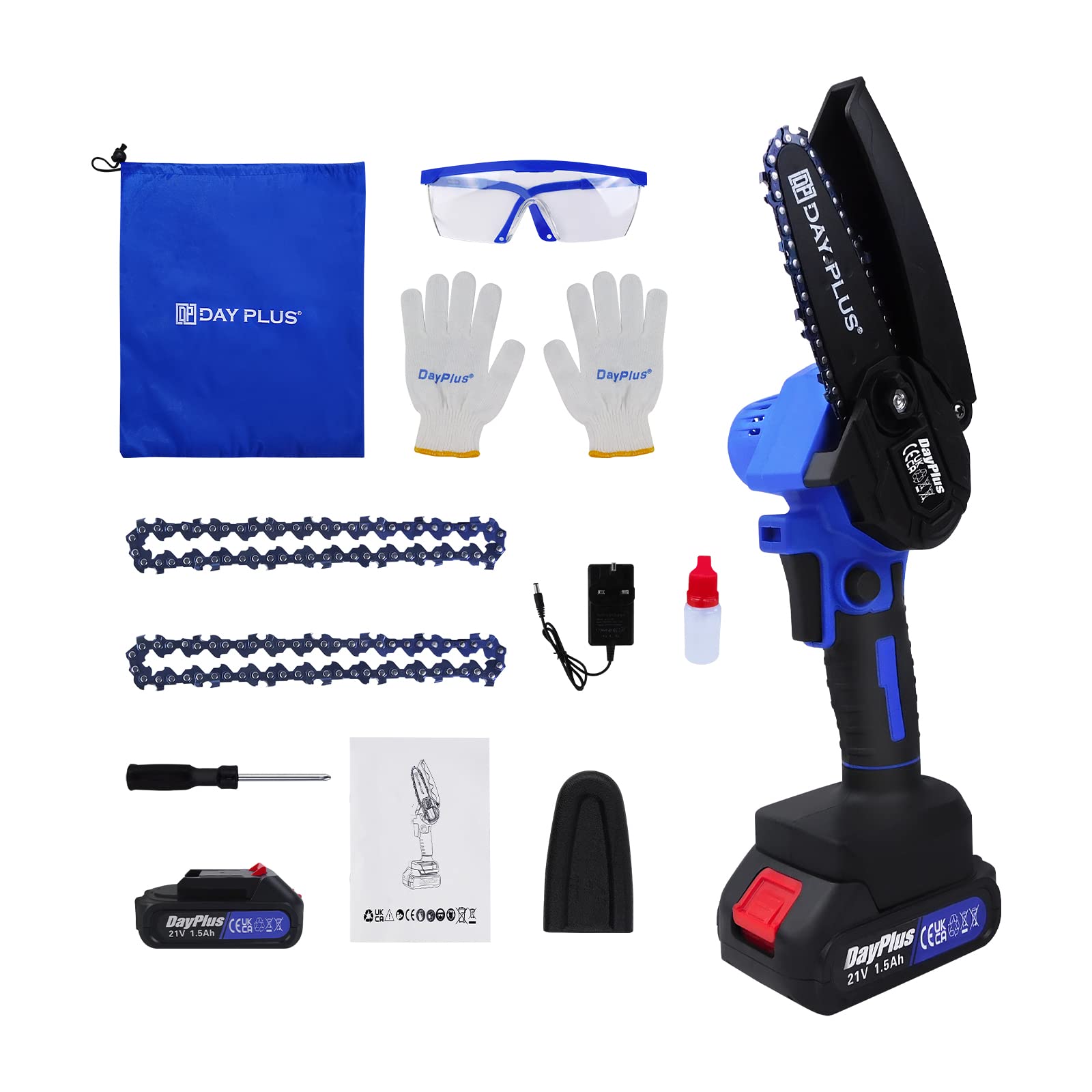 Briefness Blue Cordless Electric Chainsaw, Handheld Mini Chain Saw 550W Battery Saw Cutter For Cutting Trees Wood Branches, With 21V 1.5Ah Rechargeable Battery And Charger