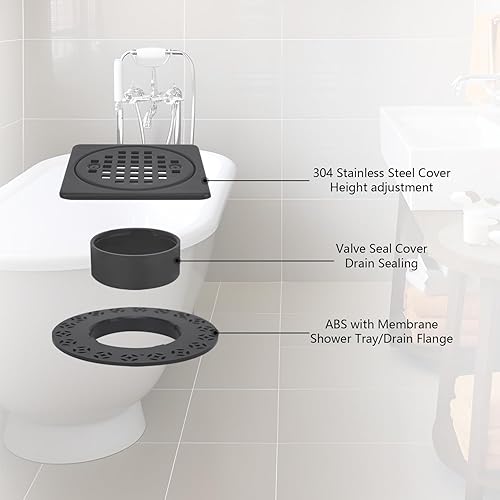 Miniatura 2 de Uni-Green Kit de rejilla de drenaje de ducha negro mate de 4 pulgadas, compatible con brida de drenaje Schluter Kerdi, drenaje cuadrado de suelo de