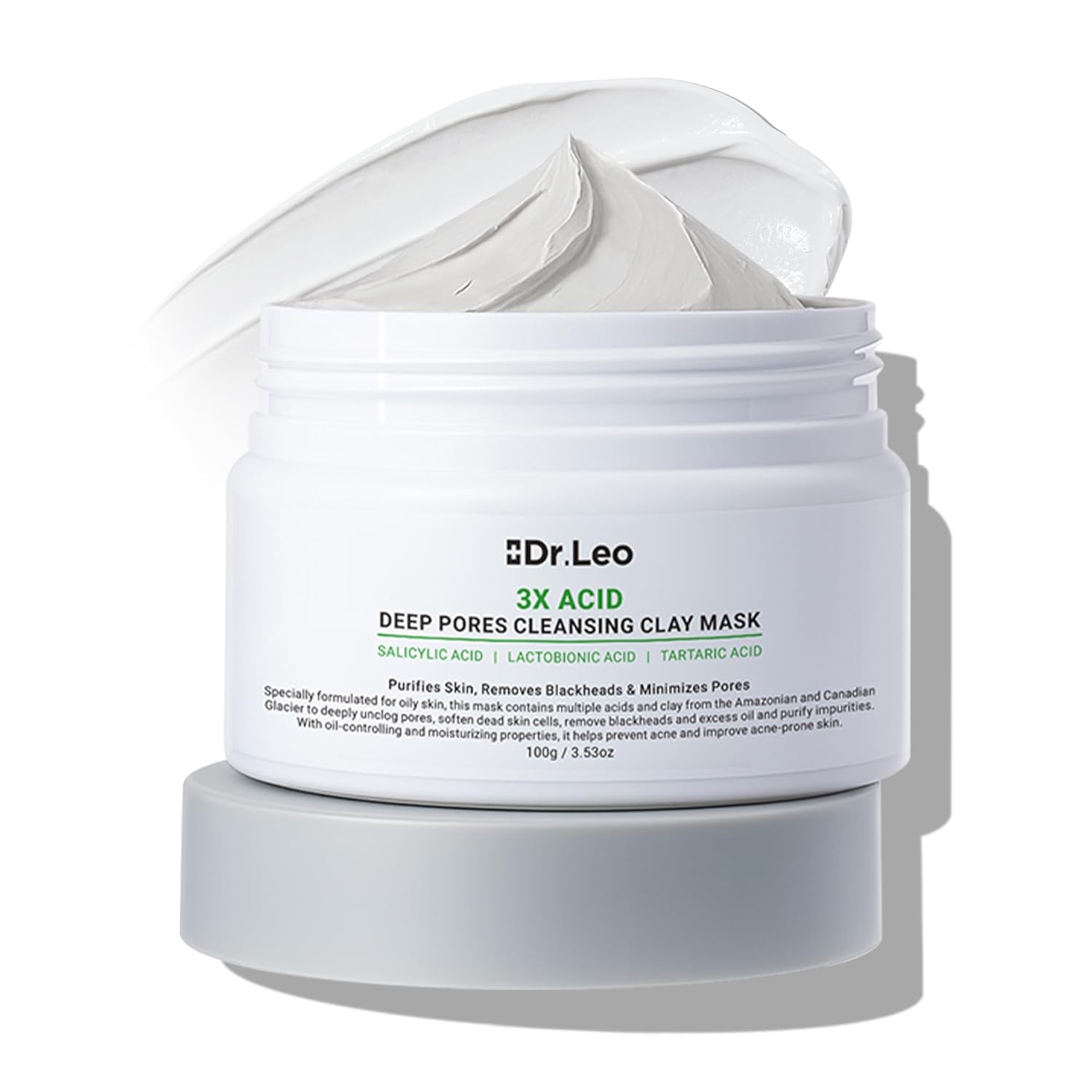 Dr.Leo 3X Acid Clay Mask with Amazonian White & Glacier Clay, Deep Cleansing Facial Skincare for Pore Minimizing Oil Control & Detox, Face Mask for All Skin Types, 3.53 oz