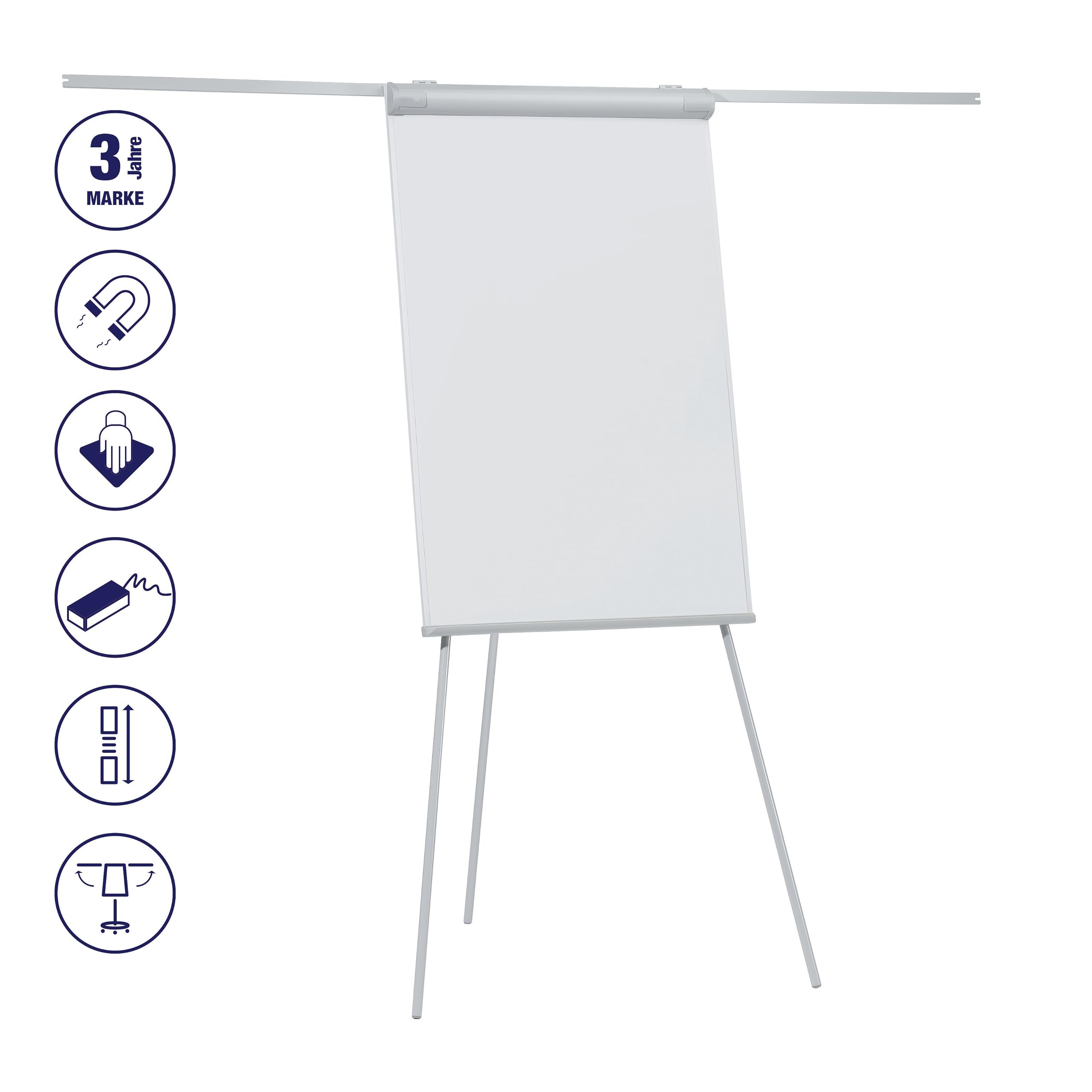 FRANKEN Lavagna a fogli mobili, scrivibile, magnetica, con 2 bracci laterali, treppiede, 68 x 105 cm, altezza regolabile, con porta carta e portapenne, ECO Standard, F2100/N