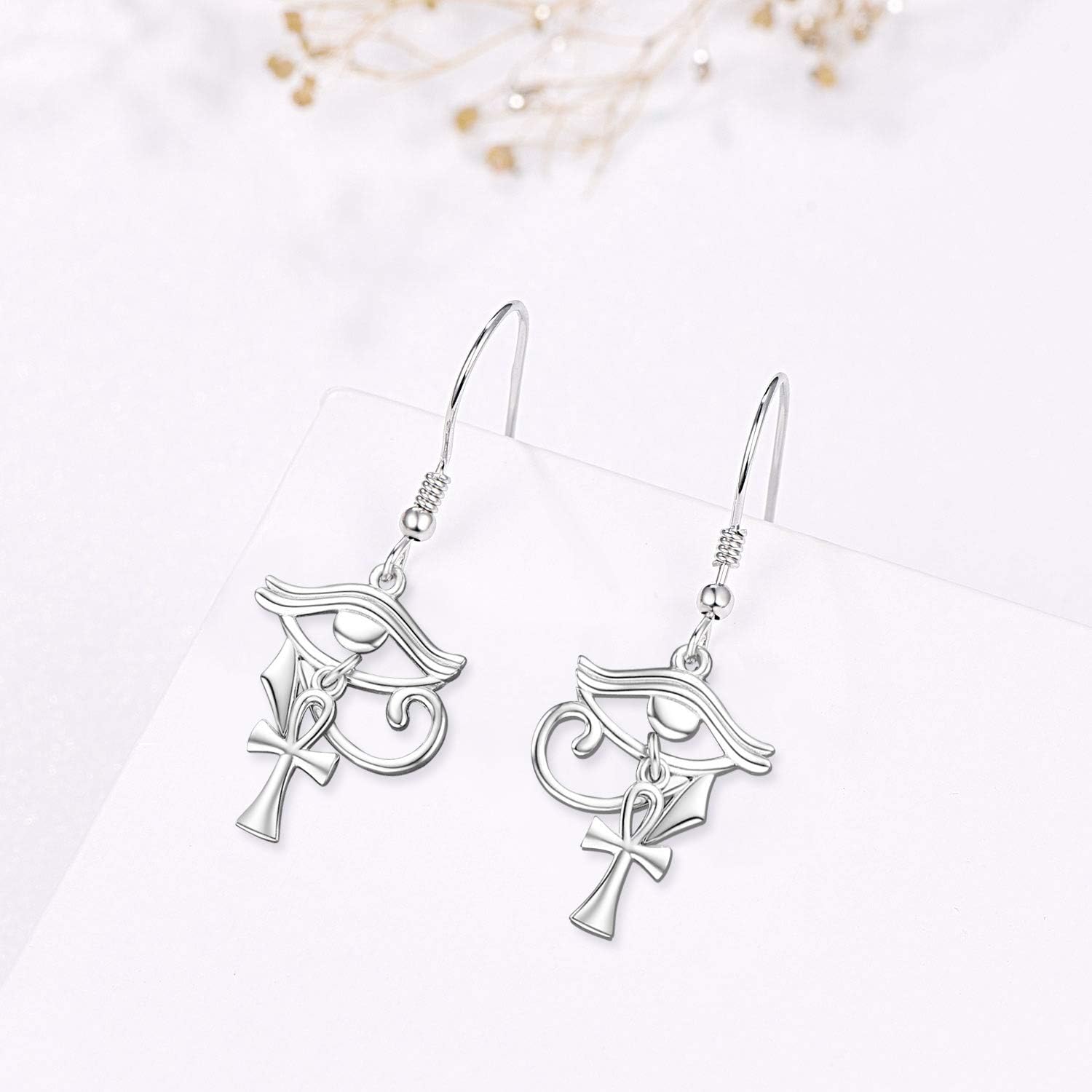 TANGPOET Eye of Horus with Ankh Cross Earrings for Women 925 Sterling Silver Hypoallergenic Dangle Drop Earrings Egyptian Protection Jewelry Valentines Mothers Day Christmas Gift for Her