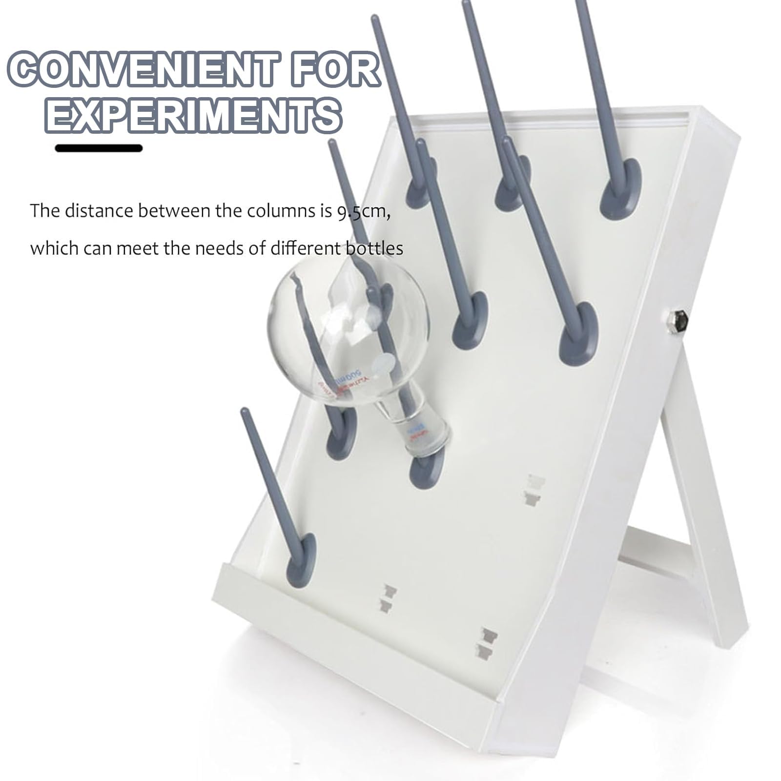 Estante de secado de laboratorio con soporte de soporte, clavijas desmontables, espacio de columna de 95 mm para botellas y utensilios