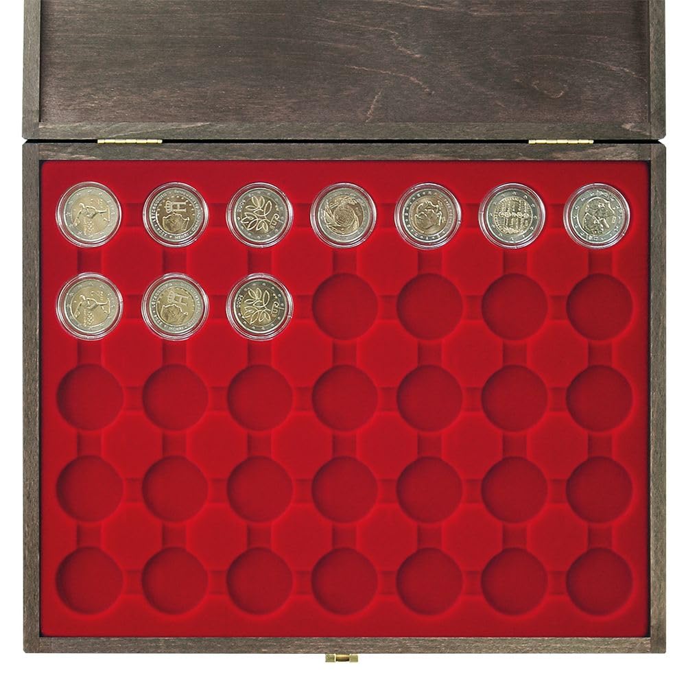 LINDNER Carus 1 kasetka na monety z prawdziwego drewna z ciemnoczerwonym wkładem na 35 kapsułek na monety o średnicy zewnętrznej 32 mm, np. na 2 monety euro w kapsułkach na monety LINDNER