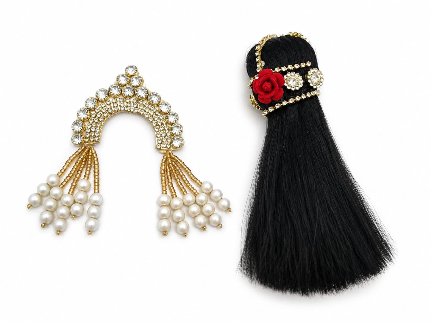 Designer Chandrika and Hair Set for Radha Rani Devi Maa 2Pcs | Pearl & Crystal Embellished, Red Rose Accent, Black Hair Tassel, Gold-Tone Finish, Size 2-3-image-32