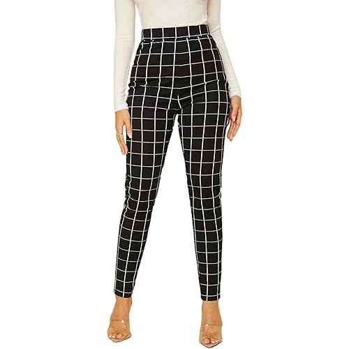 WDIRARA Women's Stretchy Plaid Print Pants Soft Skinny Regular Fashion Leggings