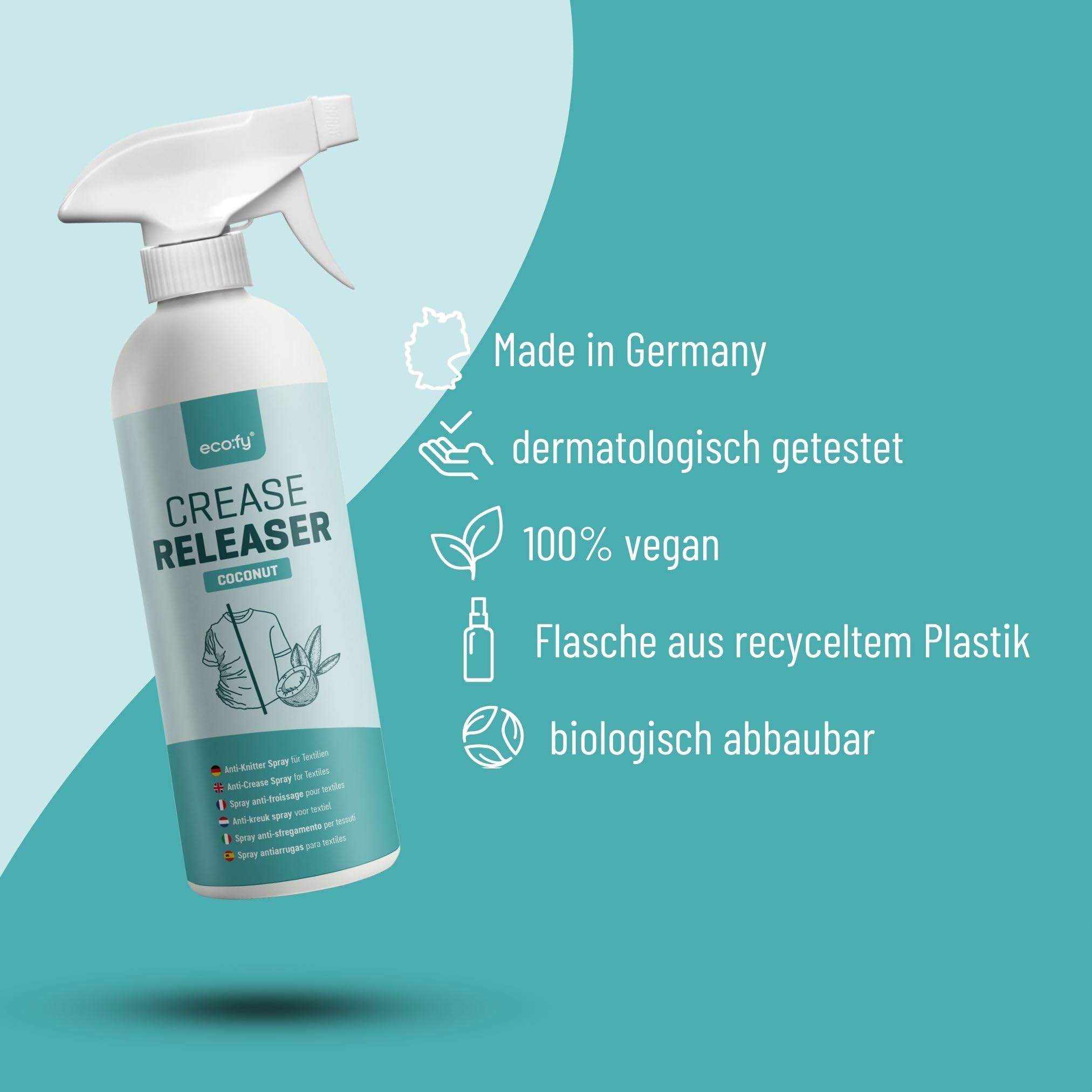 Antifaltenspray Kleidung Kokos, Faltenglatt Spray ohne Bügeln, Textilerfrischer, Bügelhilfe, Bügelspray ohne Bügeln, ideal für Reisen (500ml)