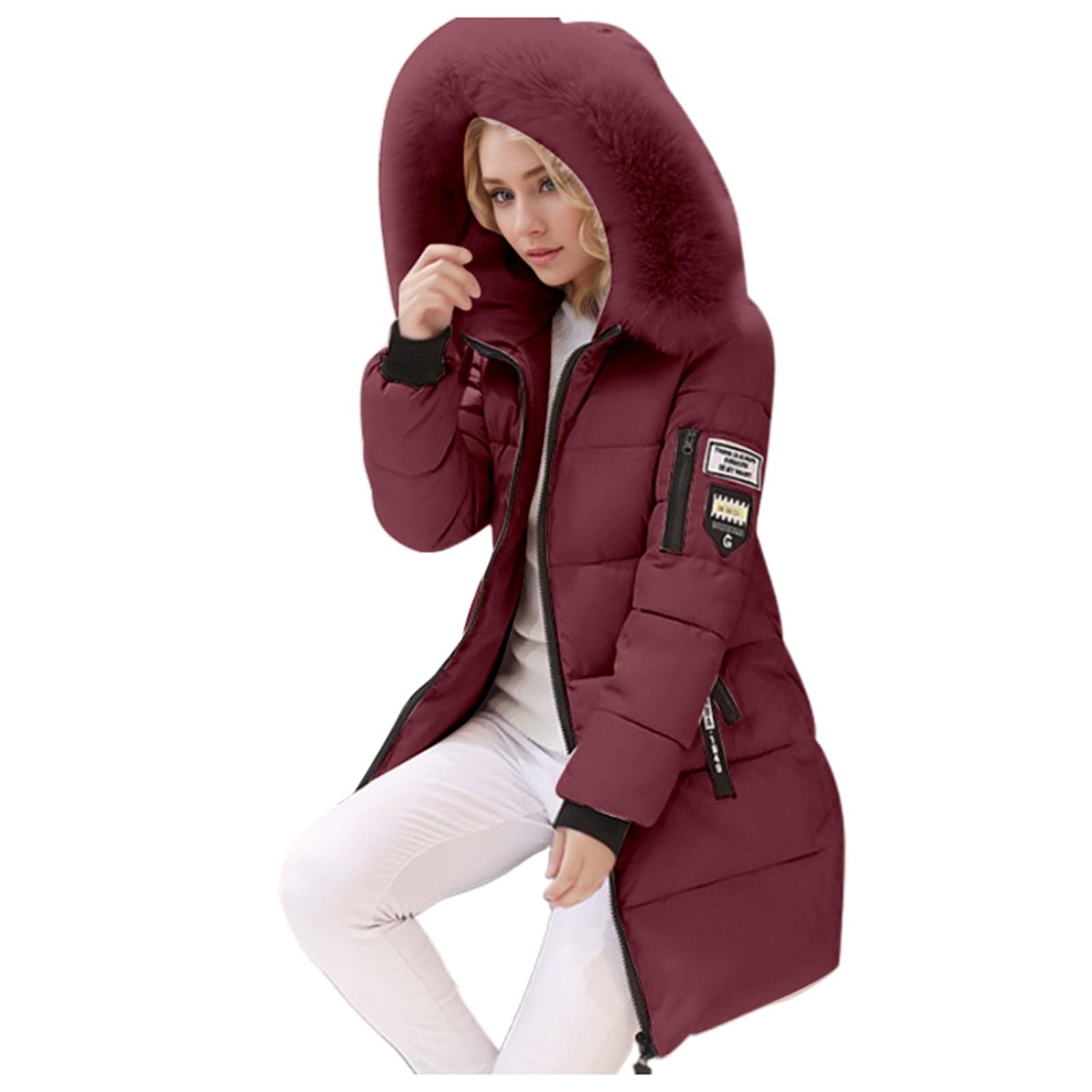 Women's Winter Coat with Fur Hood Quilted Coat Down Jackets Faux Fur Cotton Coat Long Sleeves Plain Winter Parka Winter Puffer Coat Down Coat Comfortable Transition Coat