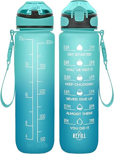 Botella de agua de 32 onzas, botella de agua motivacional con marcador de tiempo, botella de agua deportiva con correa, a prueba de fugas y sin BPA,