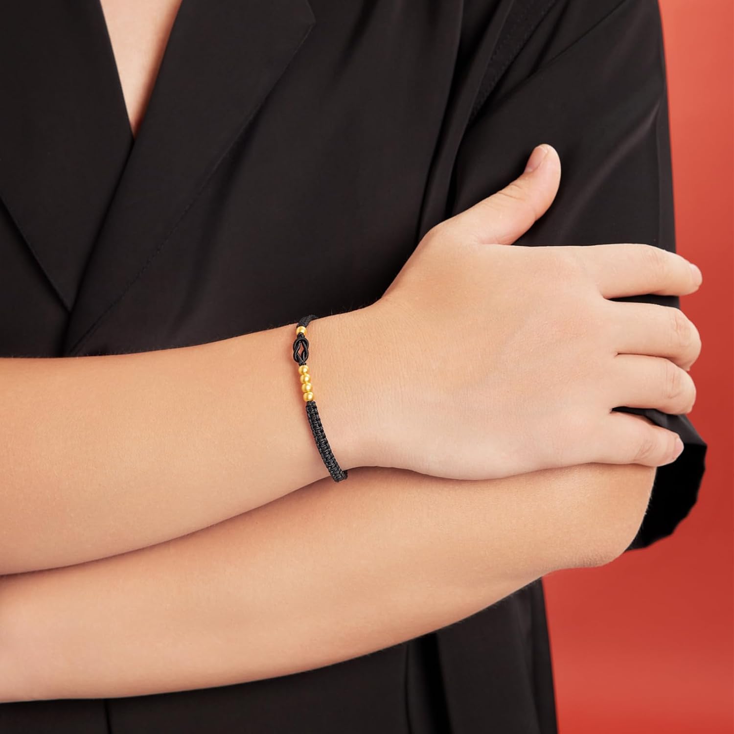 24K 999 Solid Gold Bracelet Round Bead Gold Charm Black Braided Bracelet for Women Men Couple Lover Jewelrys Valentine Anniversary Birthday 7.1-9.4" - Image 3