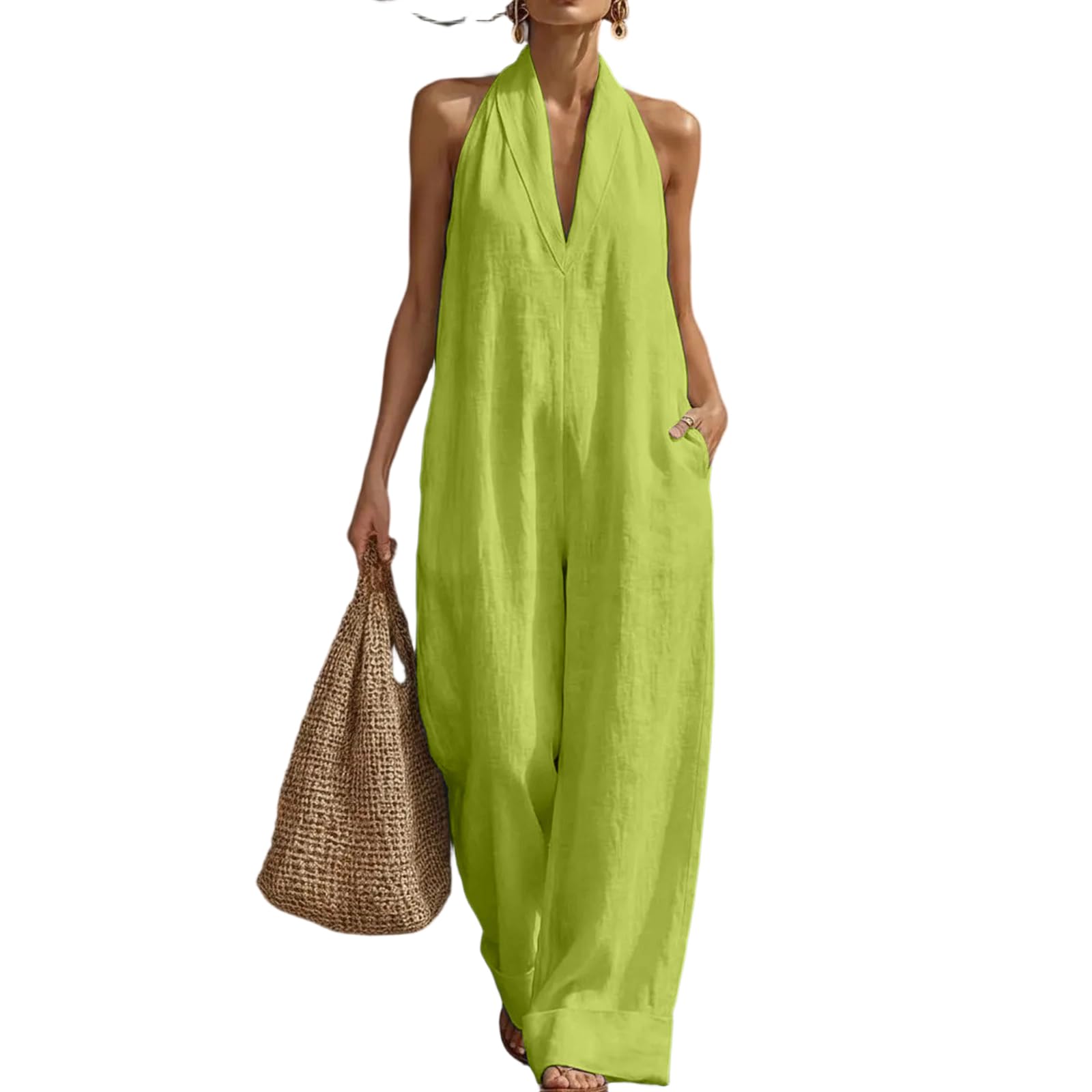 Ansenesna Jumpsuit Damen Sommer Elegant Lang Overall Baumwolle Leinen Weites Bein Jumpsuits Für Damen V Ausschnitt Ärmellos Einteiler Frauen Locker Weit Sommeroverall Leicht Romper Baggy Playsuit