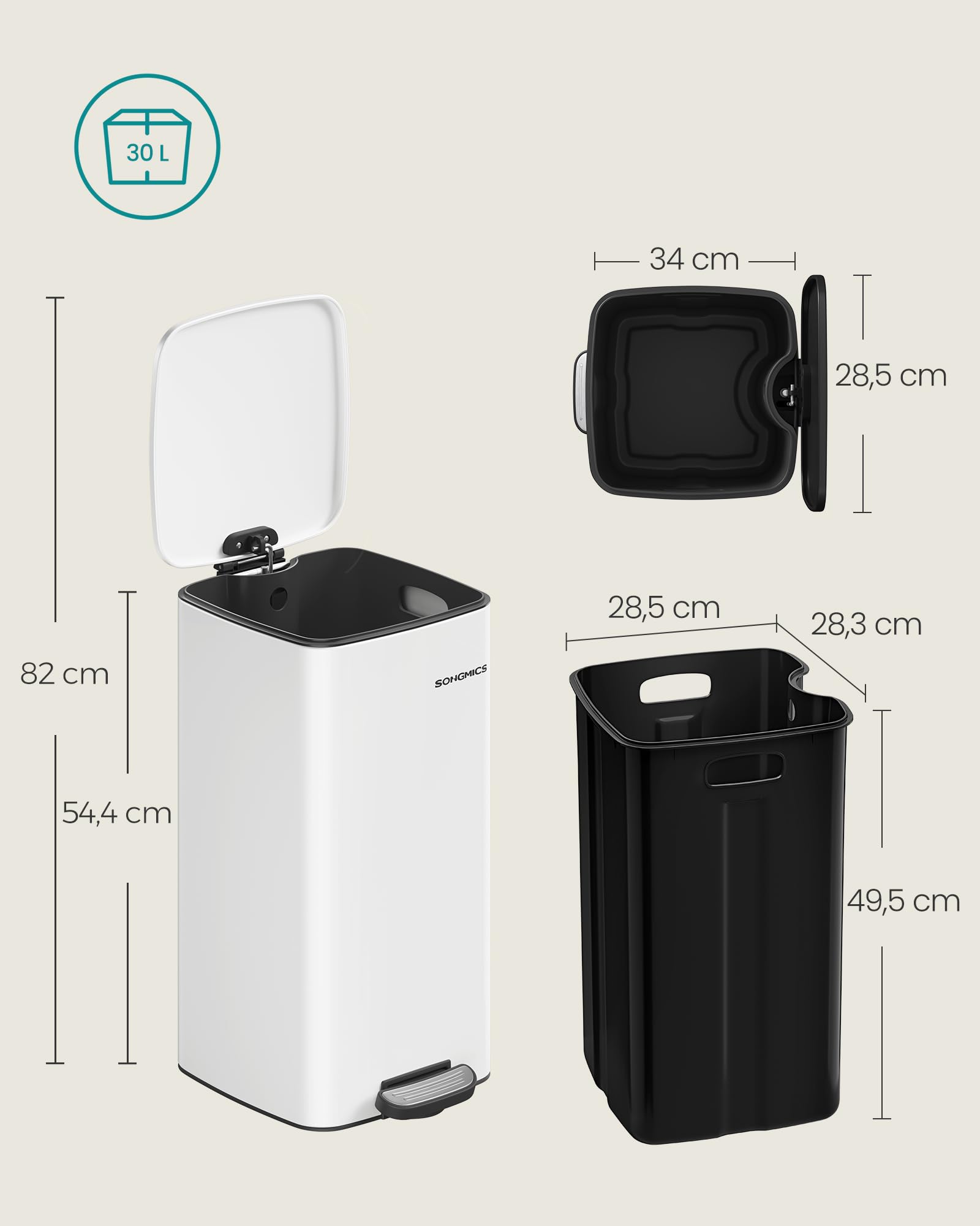 SONGMICS Pattumiera da Cucina, Cestino da 30 L, Cestino a Pedale in Acciaio, con Secchio Interno, Chiusura Morbida e Resta Aperto, Bianco Nuvola LTB593W02