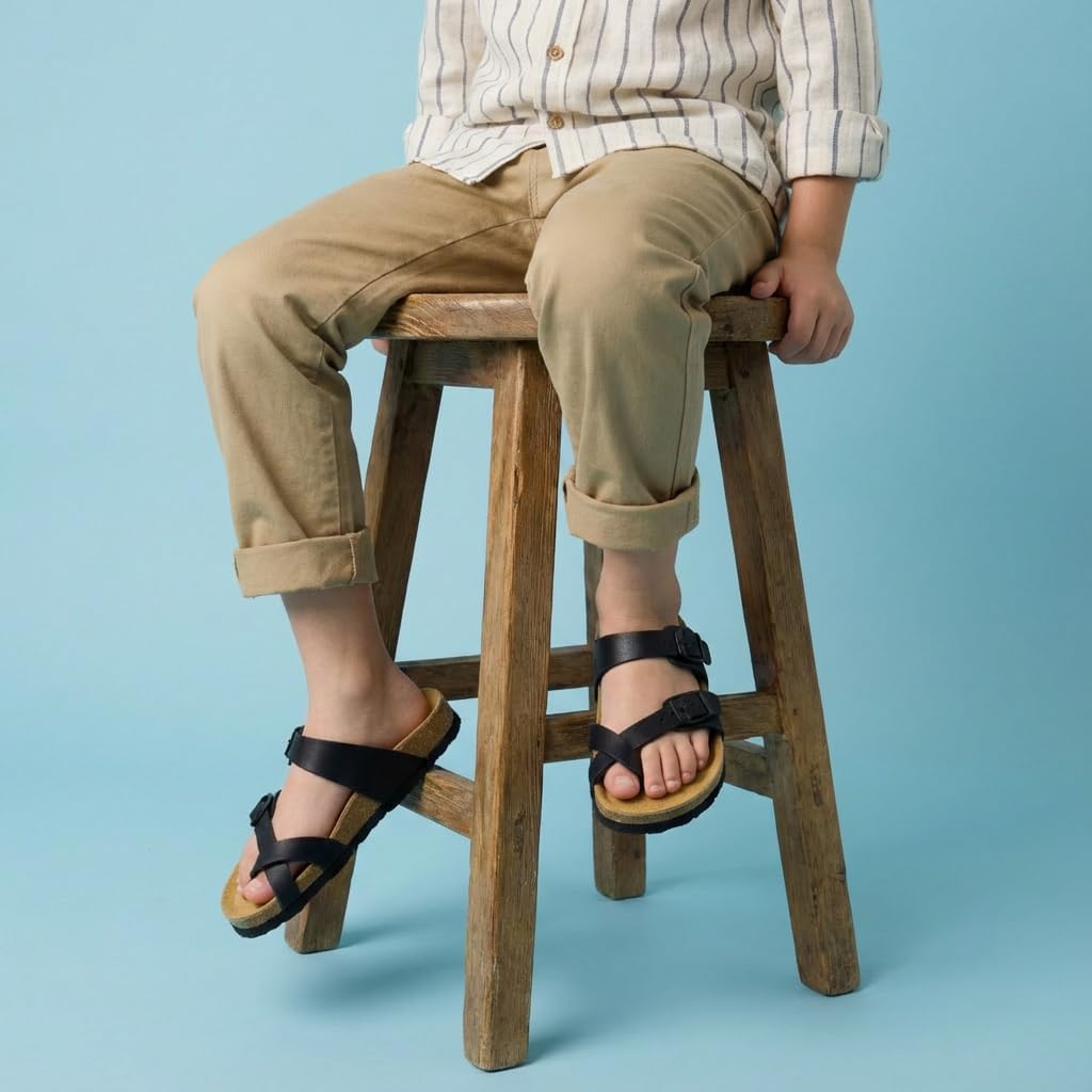 CUSHIONAIRE Luna Kids Sandals, Supportive Cork Footbed Slides for Kids, Boys and Girls with Adjustable Buckles and Comfortable Fit, BLACK 13 - Image 8