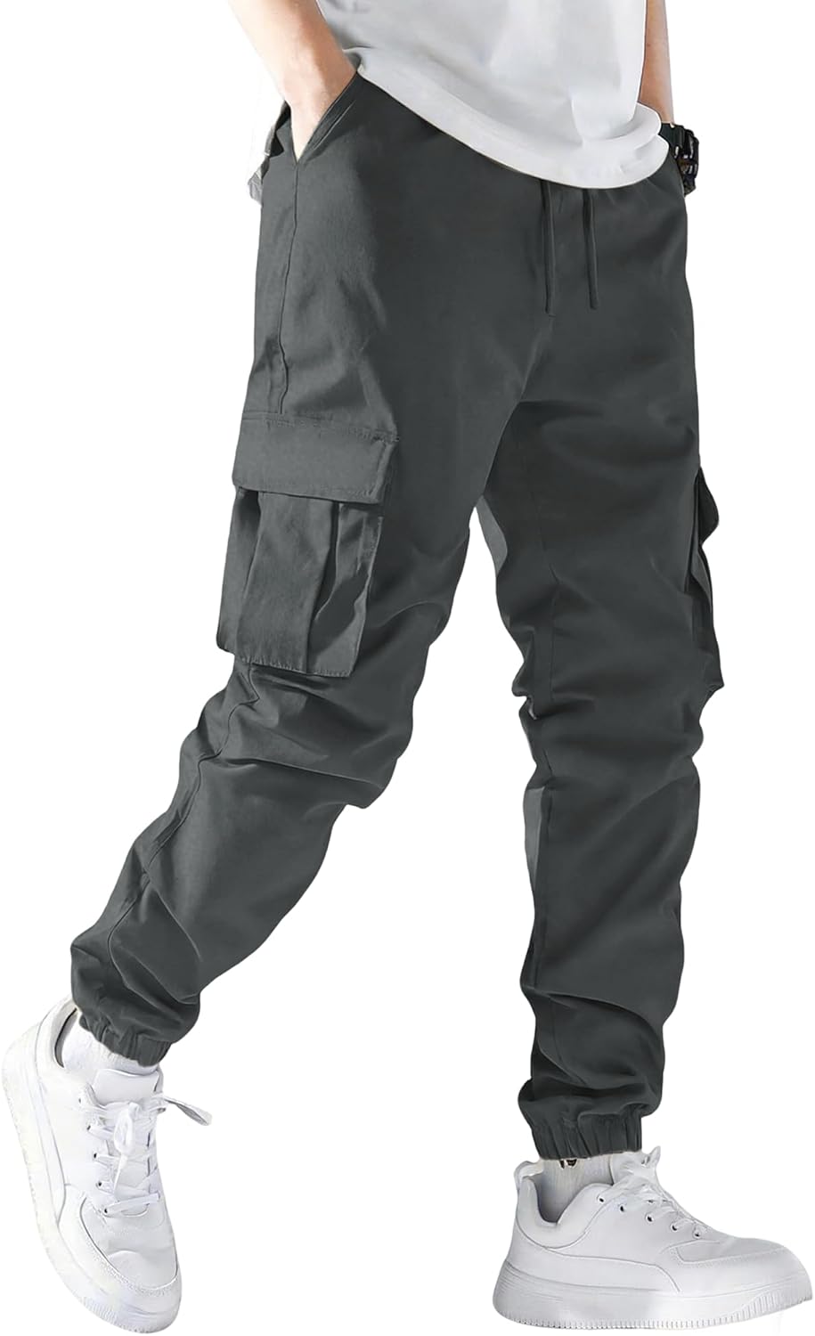 DOWMQ Mens Cargo Joggers Stretch Casual Sweatpants Elastic Waist Drawstring Tapered Pants for Men Hiking Pants with 5 Pockets