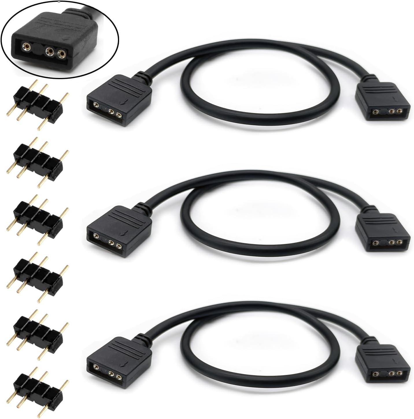 (3-Pack) ARGB Extension Cable, 5V 3-Pin Addressable RGB Cable, 1-to-1 Female to Female for Extending Computer PC Fans/LED Lights, 30cm / 11.8in