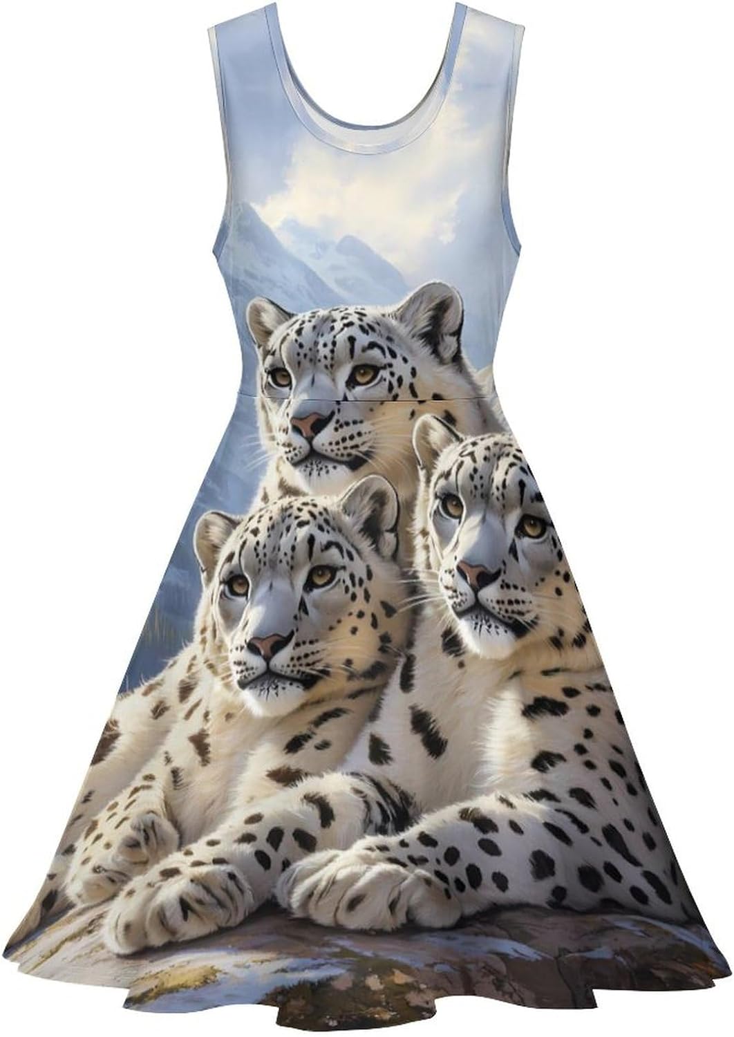 Snowy Leopard Family Women's Dresses Round Neck Dress Sleeveless Tank Dress Ruffle Hem Sundress
