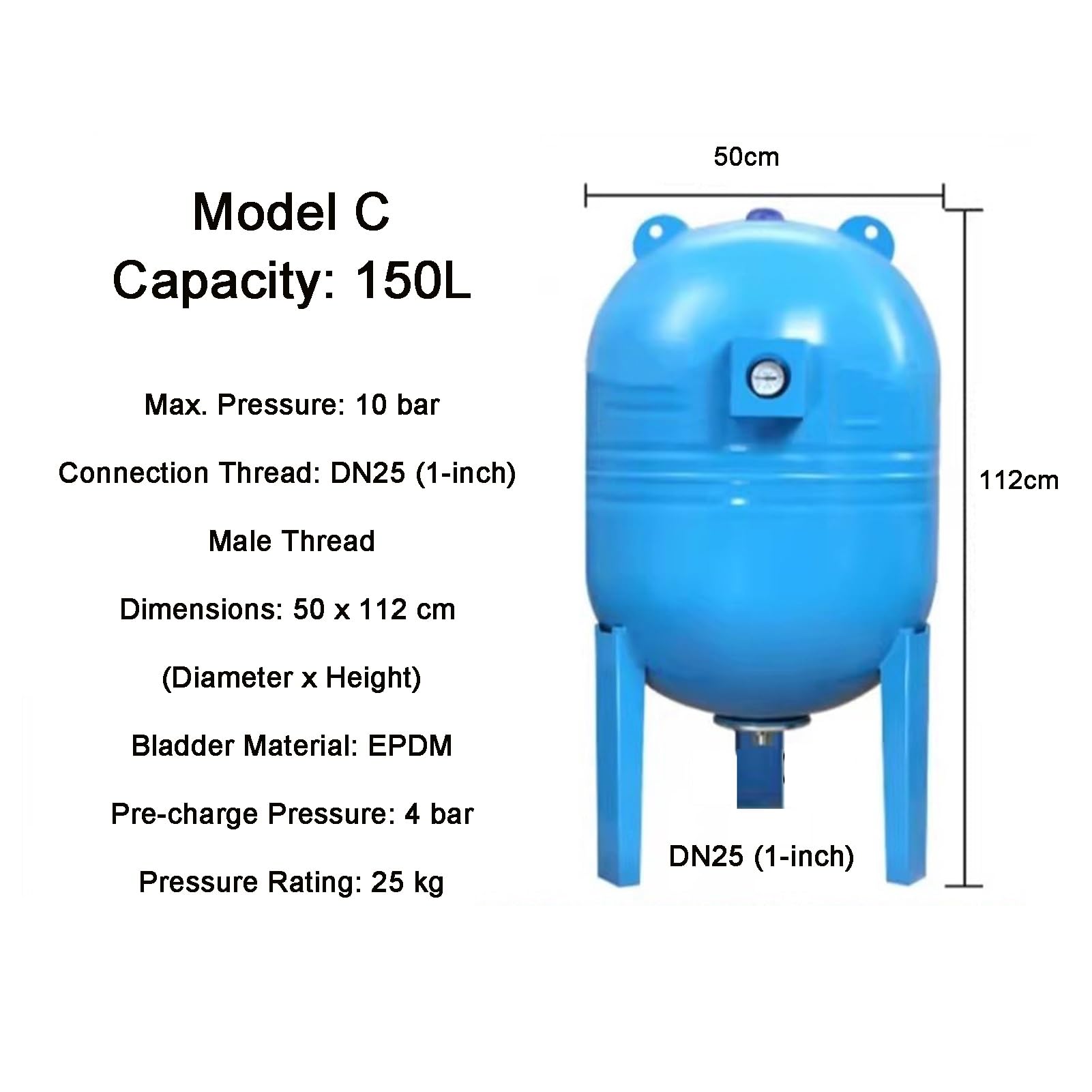 Serbatoio A Pressione 110L In Acciaio Inox 304 - Autoclave Blu Per Elettropompa Con Manometro, Di Pressurizzazione Automatica Per Pozzi, Attacco 1" NPT(C-150L-50x112cm)