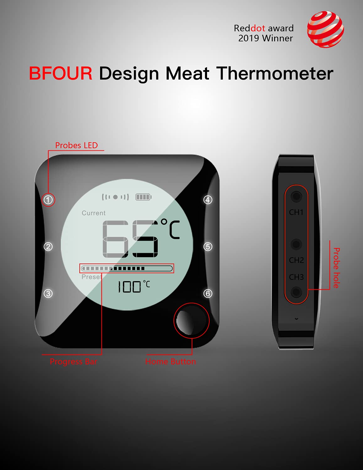 BFOUR Termometro da Cucina Digitale Termometro per Cucina Bluetooth Termometro per Carne Barbecue Wireless Termometro da Forno con Timer BBQ Griglia LED Display App 6 Sensori (Nero Chiaro, 3 Sonde)