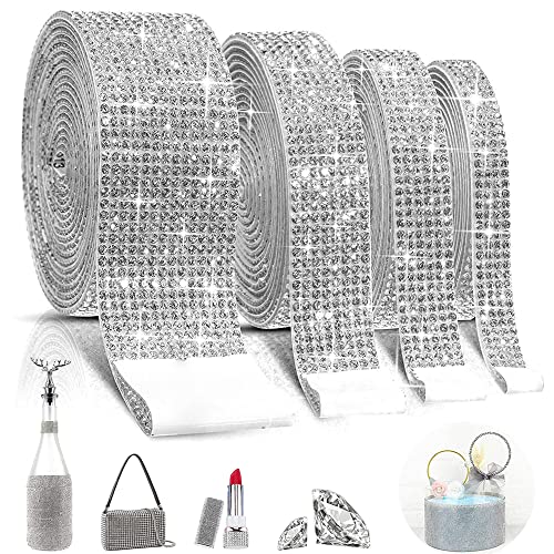 4 Pièces Ruban Diamant DIY, Strass Autocollant Argenté, Ruban de Strass Cristal, pour Coffret Cadeau, Téléphone Portable, Vélo, Voiture Événementielle, Mariage, Fête (4 cour au Total) Cover