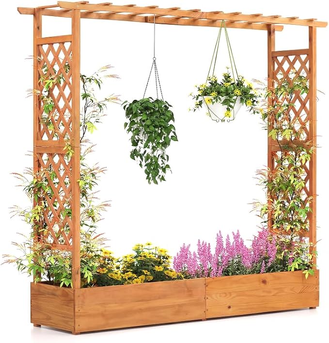 Giantex Raised Garden Bed with Trellis & Hanging Roof, Wood Planter Box with Bottom and Drainage Holes, Freestanding Garden Planter for Flower Vegetable Fruit Herb Climbing Vines, 77"x17"x70"