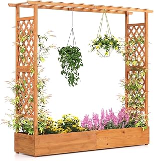 Giantex Raised Garden Bed with Trellis & Hanging Roof, Wood Planter Box ...