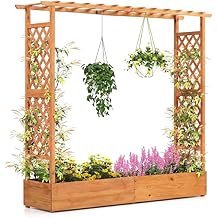 Giantex Raised Garden Bed with Trellis & Hanging Roof, Wood Planter Box with Bottom and Drainage Holes, Freestanding Garden Planter for Flower Vegetable Fruit Herb Climbing Vines, 77"x17"x70"