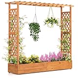 Giantex Raised Garden Bed with Trellis & Hanging Roof, Wood Planter Box with Bottom and Drainage Holes, Freestanding Garden Planter for Flower Vegetable Fruit Herb Climbing Vines, 77"x17"x70"