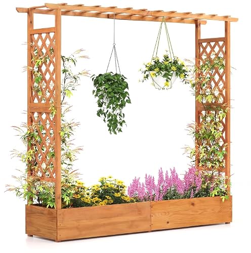 Giantex Raised Garden Bed with Trellis & Hanging Roof, Wood Planter Box with Bottom and Drainage Holes, Freestanding Garden Planter for Flower Vegetable Fruit Herb Climbing Vines, 77"x17"x70"