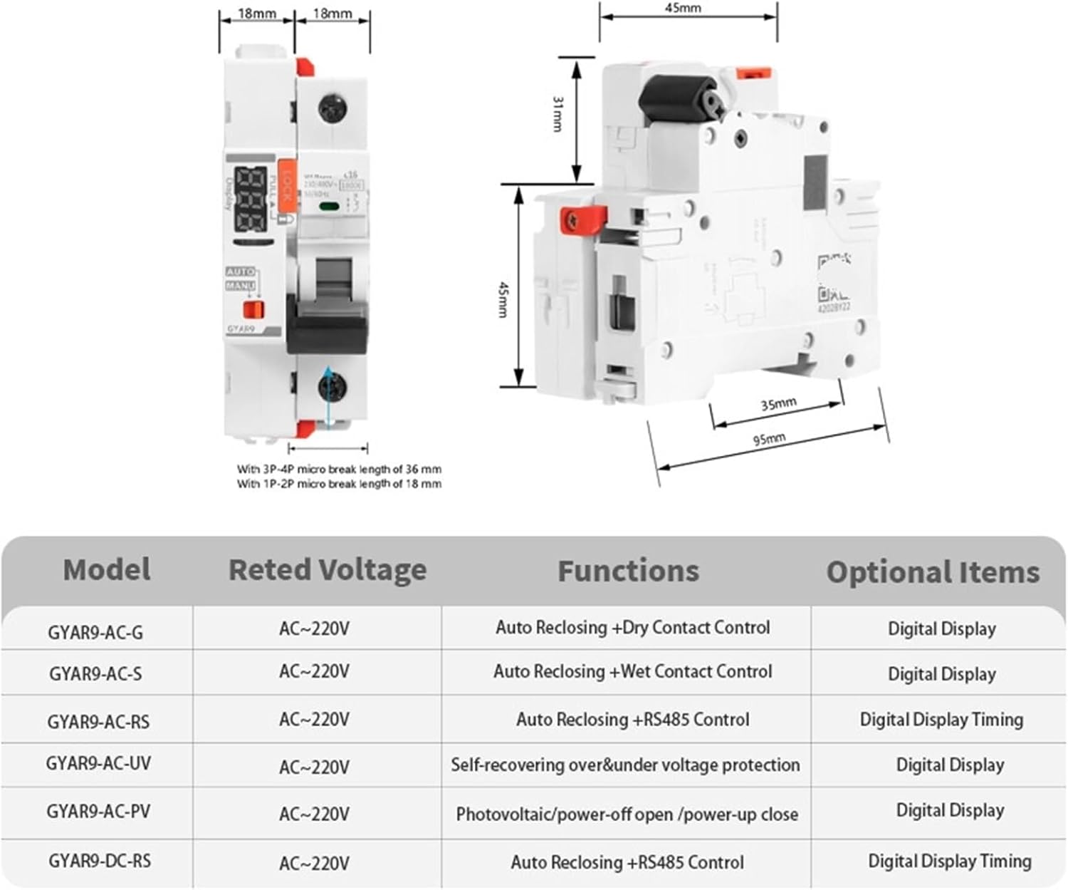 A/AC RCD LED Auto Recloser Modular Circuit Breaker 0.03A 0.1A 0.03A Safety Switch 220V Leakage Circuit Breaker(A Type,2P-40A-0.3A)